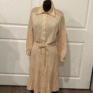 Goldworm 70s Tussah Silk Blend Beige Striped Long Sleeve Vintage Dress Size 16